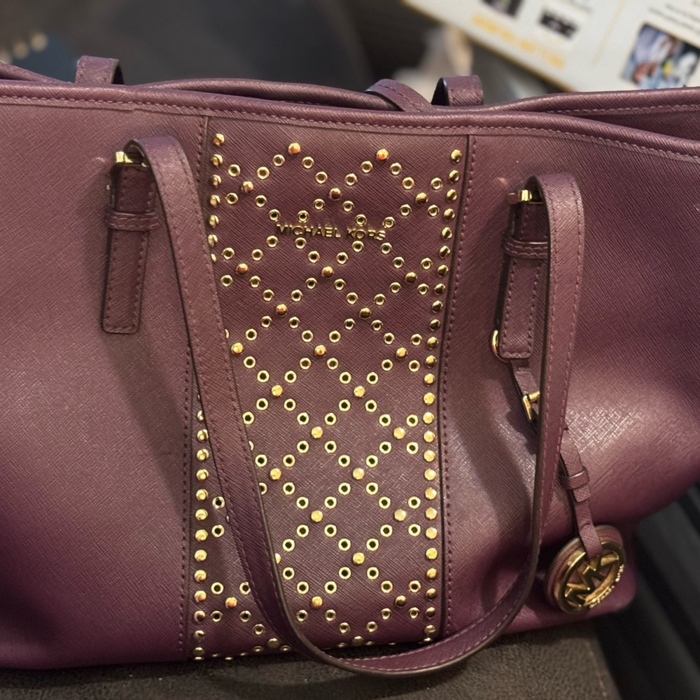 Large MK purple tote purse with matching purple studded wallet
